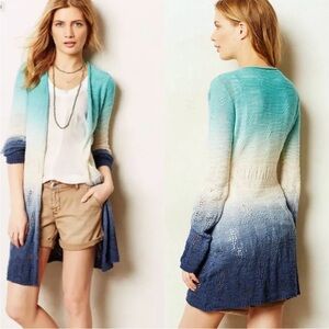 Anthropologie Moth Tonal Tides Ombre Open Cardigan Coastal Blue White XS